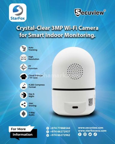 Crystal-Clear 3MP Wi-Fi Camera for Smart Indoor Monitoring.